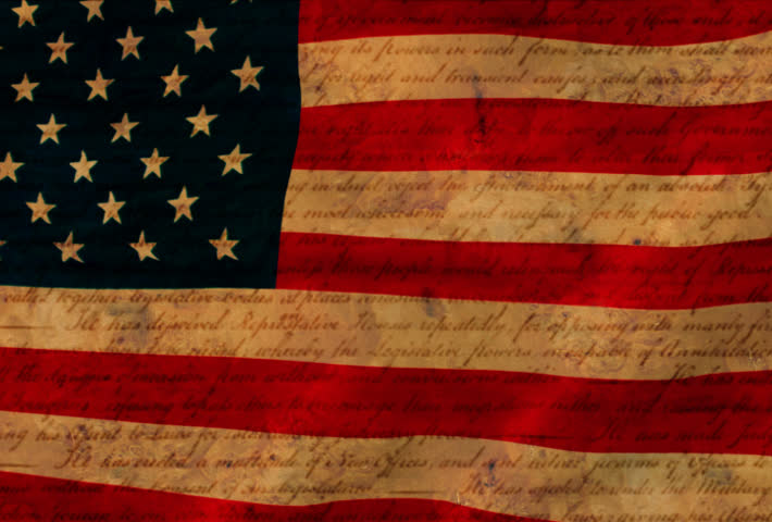 American flag with Declaration of Independence parchment texture. slow waving loop.