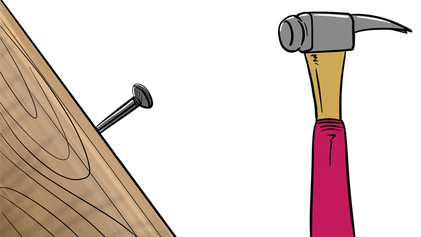Animated vector illustration of a hand hammering a metal nail into a wooden board