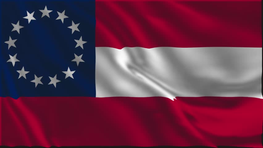 Flag of the Confederate States waving slowly in the foreground.