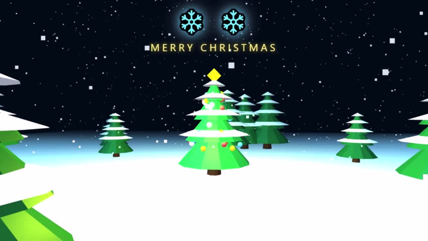 Low poly 3D Christmas landscape with glowing Merry Christmas text and falling snow loop