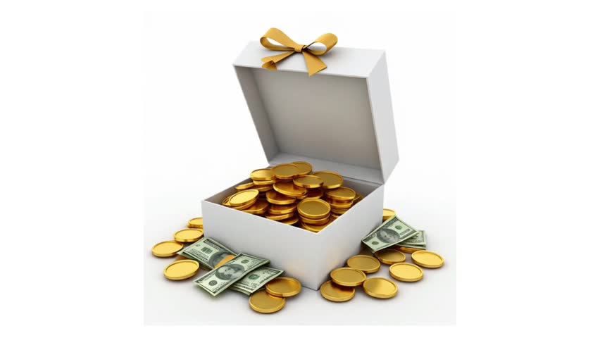 Gift box filled with gold coins and US dollar bills, representing wealth, money, savings, and financial success. Not AI Generated.