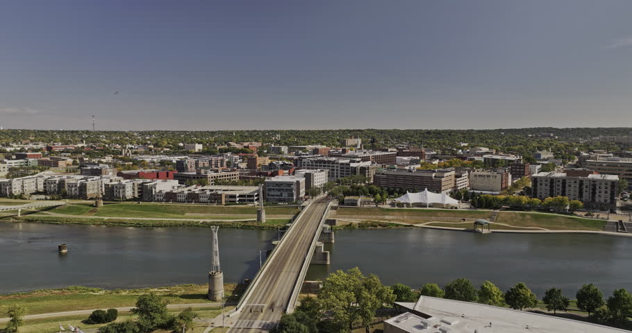 Dayton Ohio Aerial v3 low flyover along the Great Miami River, Riverside Drive and waterfront toward the downtown ballpark - Shot with Mavic 3 Pro Cine - Sept 21st 2023