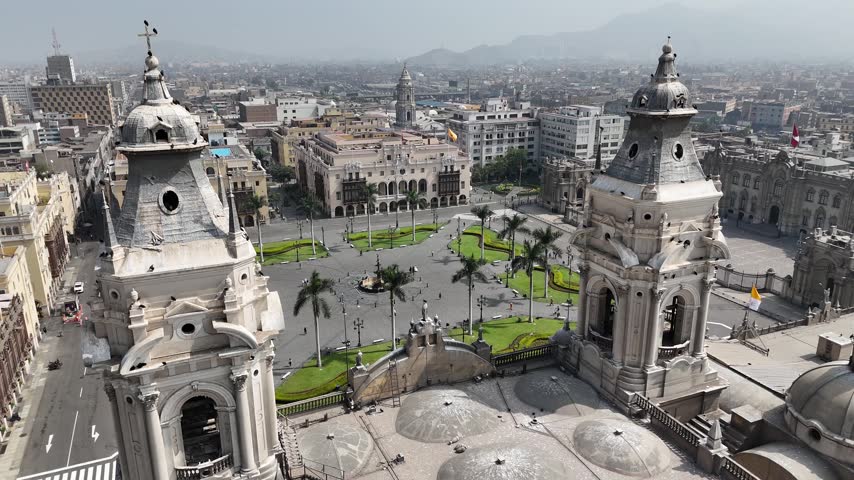 Plaza De Armas In Lima Capital City Peru. Capturing The Hustle And Bustle Of A Vibrant City From Above. Downtown Cityscape. District Skyline. Lima capital city.