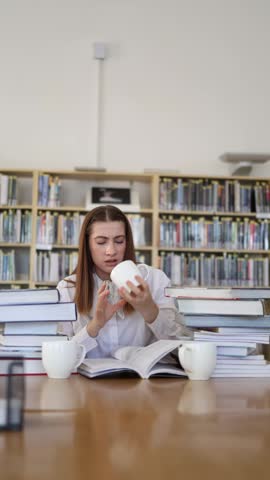 Vertical screen shocked student realizes she drank three cups of coffee while studying in library showing caffeine dependence during exam session and intensive study time
