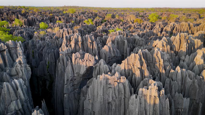 An aerial view showcases the dramatic landscape of sharp limestone formations and scattered trees bathed in the warm glow of sunset