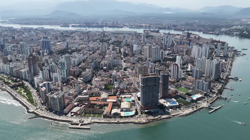 Santos Skyline In Santos Sao Paulo Brazil. Aerial View Of Stunning Beach With Crystal Clear Waters. District Skyline. Cities Of The World Landscape. Santos Sao Paulo.