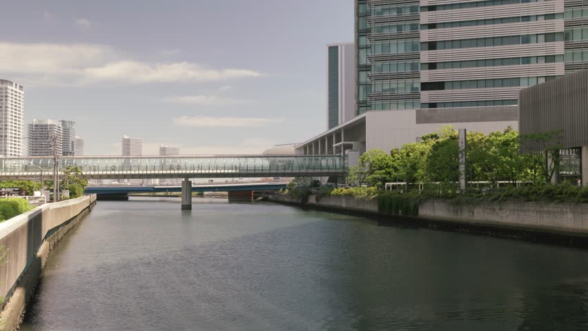 Hamamirai Walk - Pedestrian Bridge Across Katabira River In Yokohama, Japan. wide shot
