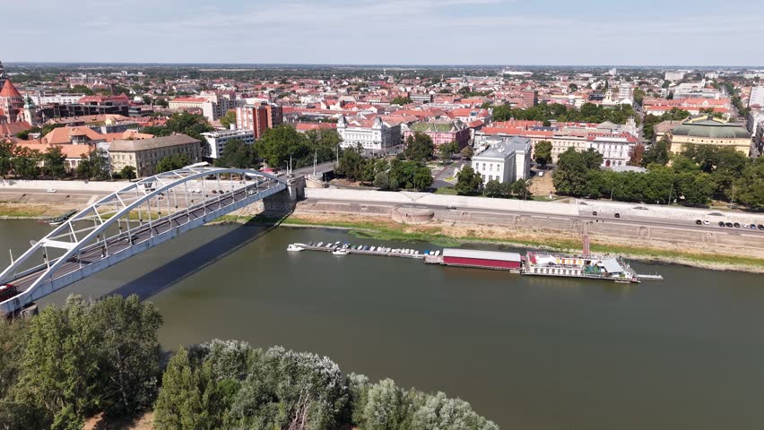 Aerial view of Belvarosi bridge and Tisza river in Szeged, Hungary