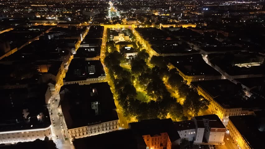 Aerial view of King Tomislav Square and Art Pavilion at night in Zagreb, Croatia