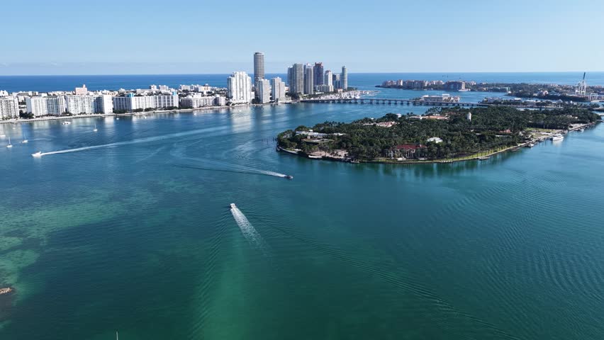 Biscayne Bay In Miami Beach Florida United States. Breathtaking Aerial View Of A Lush Tropical Coastline Scenery. Downtown Cityscape. District Skyline. Miami Beach Florida.