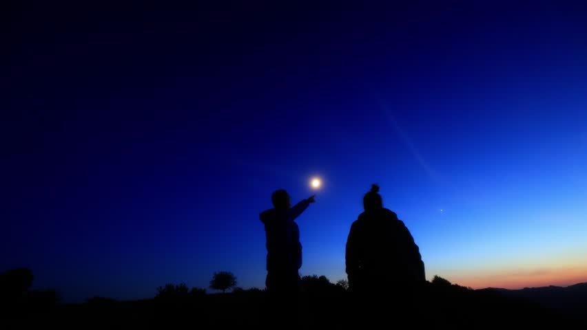 Amateur astronomers enjoying night sky with stars, planets, Moon eclipse and other celestial objects.
