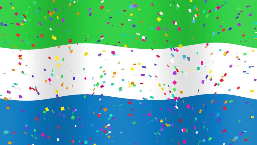 Animated Sierra Leone flag ripples behind golden text and colorful falling confetti in seamless loop.