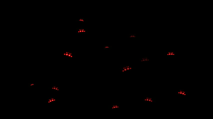 Several pairs of red glowing spider eyes appearing and moving in the complete pitch black darkness