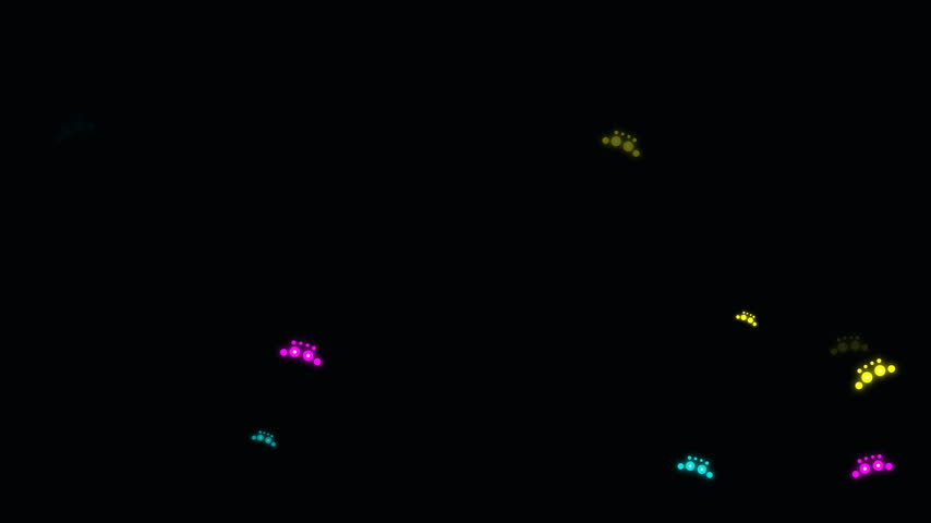 Abstract animation of neon glowing spider eyes in multiple colors swarming across a black background