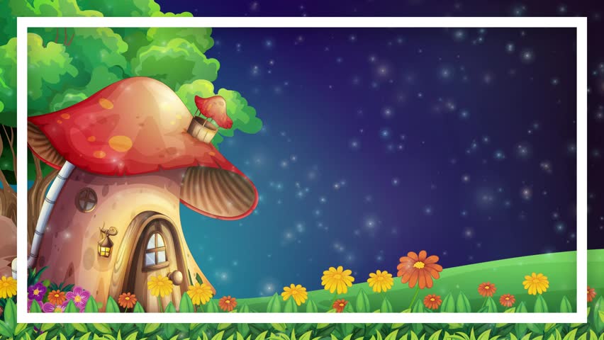 Cartoon mushroom house under starry night sky with glowing particles drifting across the frame.