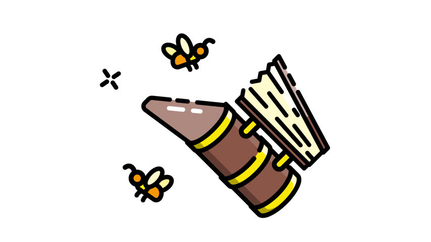 Flat design animation of bee smoker with flying bee