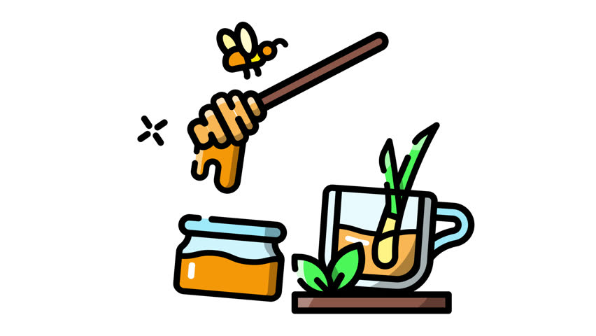 Flat design animation of honey bee and herbal tea