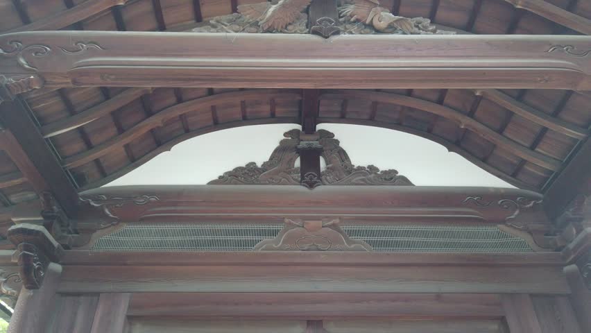 Low Angle CloseUp of Traditional Wooden Gate Architecture at Kinkakuji, Kyoto Japan Temple 60 Fps