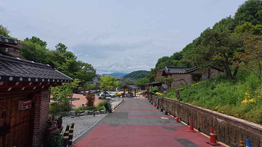 Stepped street through Jaman Mural Village in Jeonju, South Korea.