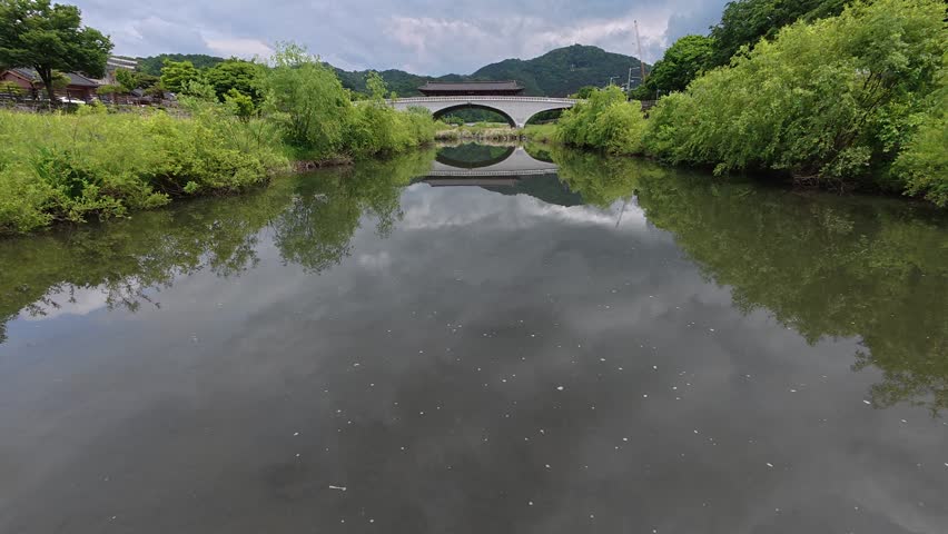 Riverside greenery near Cheongyeollu pavilion in Jeonju, South Korea.