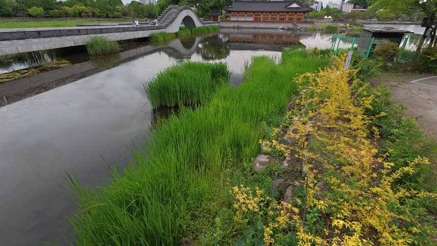 Bridge and pond view at Deokjin Park in Jeonju, South Korea.