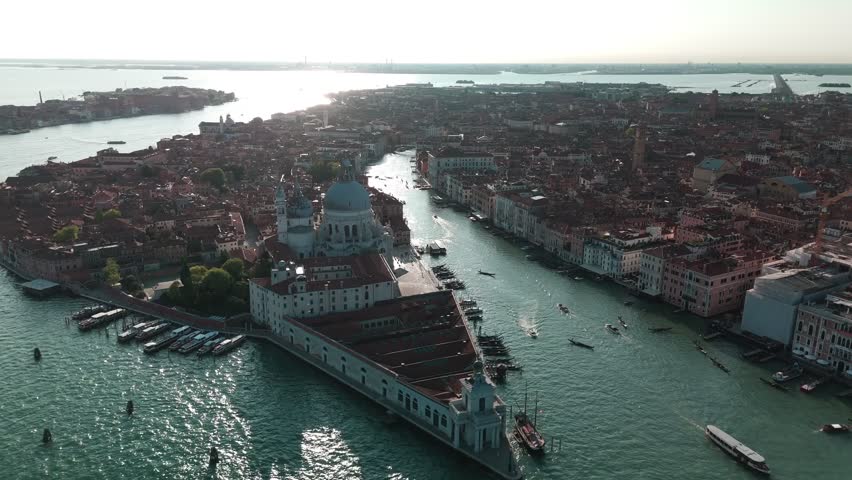 Aerial view of Grand Canal winding through historic city