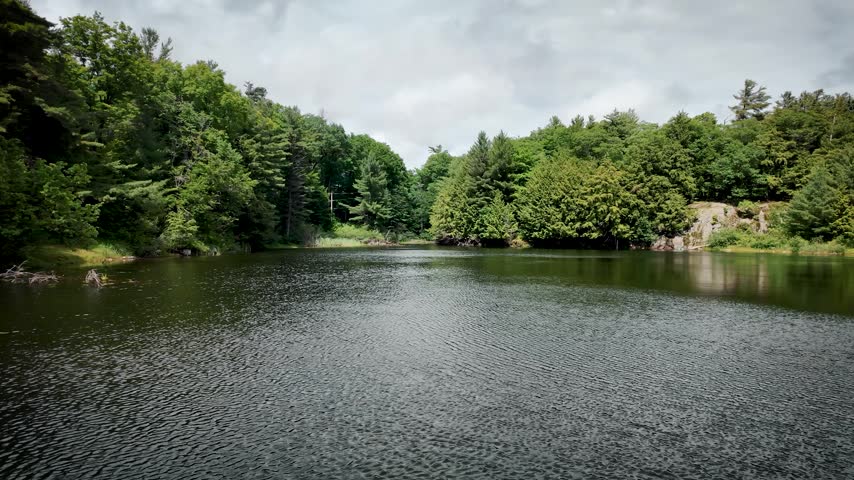 Slow panoramic camera movement across Mulvihill Lake in Gatineau Park near Ottawa. Calm forest lake with gentle ripples, reflections and lush summer trees under a partly cloudy sky.