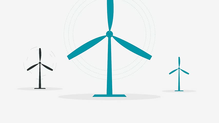 Minimalist flat vector of three wind turbines on a white background, with all turbine blades smoothly rotating continuously. Clean teal and dark gray colors, simple geometric style, static camera, seamless motion, 16:9.