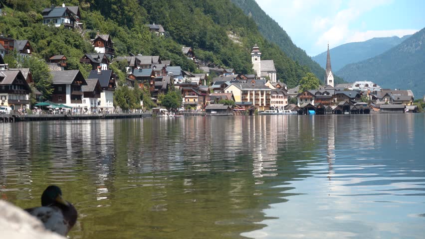 Hallstatt Village on Lake Alpine Mountains and water waves in Austria. Old houses. Green hill background. Duck