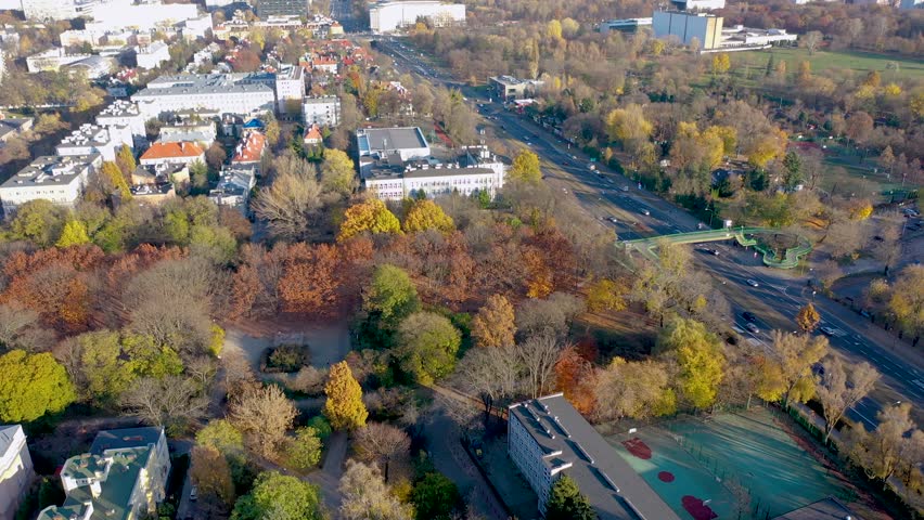 Drone 4k video of Wawelska Street in Warsaw city, Poland