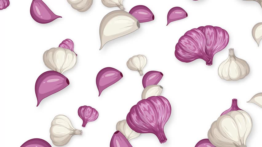 Animated white and purple garlic bulbs and cloves fall vertically against a plain white background.