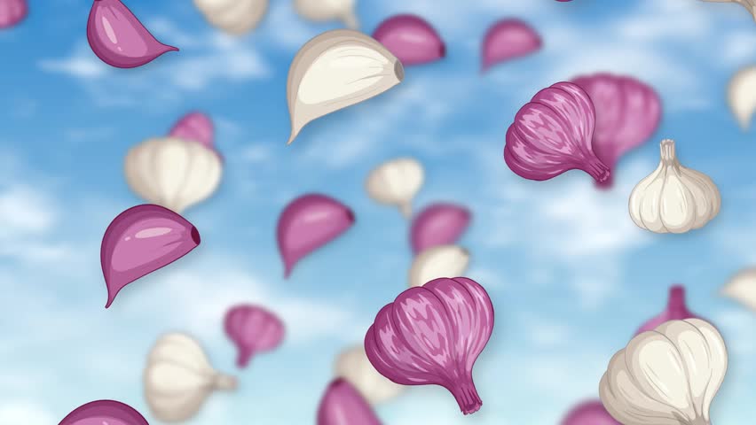 Stylized red and white garlic bulbs and cloves fall through a bright blue cloudy sky.