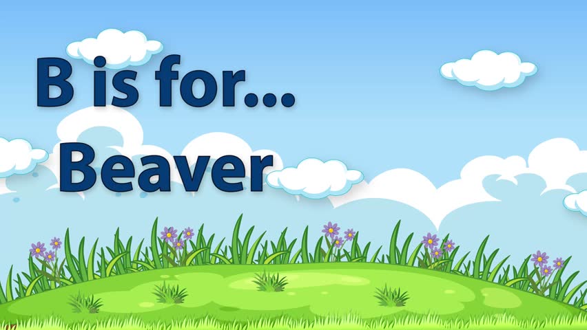 Animated educational graphic with a cute beaver sitting on clouds over a grassy meadow.