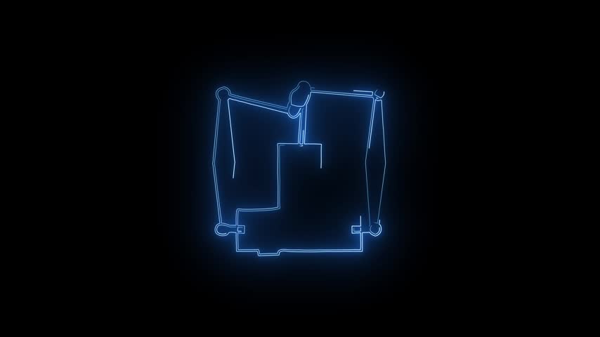 Glowing blue neon line art animating a mechanical arm or 3D printer frame mechanism over a black background.