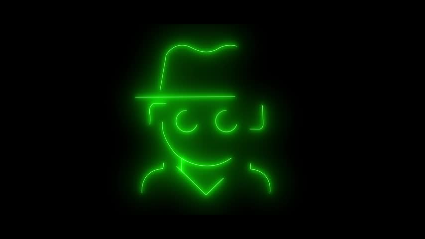 Green glowing neon incognito spy character with hat and glasses line art on a black background.