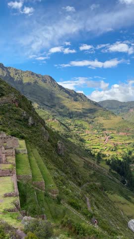 Scenic view of Pisac Inca ruins and agricultural terraces in Peru