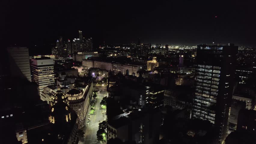 4K drone aerial view of downtown Buenos Aires, Argentina at night. Illuminated avenues, modern buildings and vibrant city life in one of South America’s largest capitals.