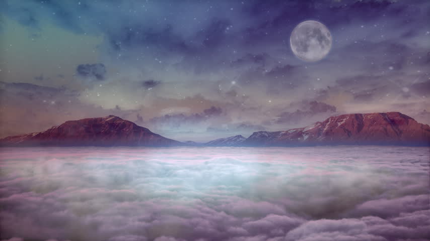 Full Moon Over Mountain Peaks Above Sea of Clouds. A luminous full moon glows in a starry twilight sky above rugged mountain peaks, with a dense sea of clouds drifting below. The soft purple and blue tones create a serene, dreamlike nighttime landscape.