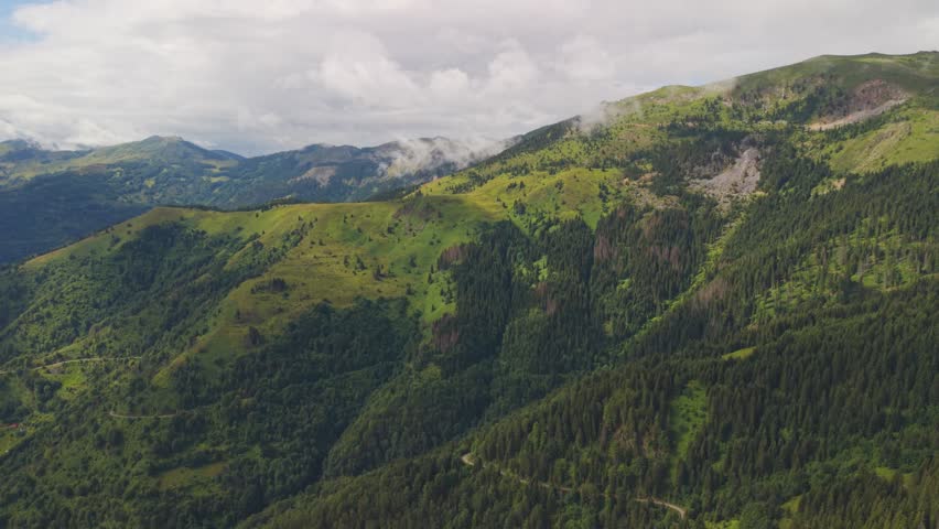 Title:
Wide aerial view of misty green mountain ridges, pine forests, and a winding road in the Bjelasica range, Montenegro.
