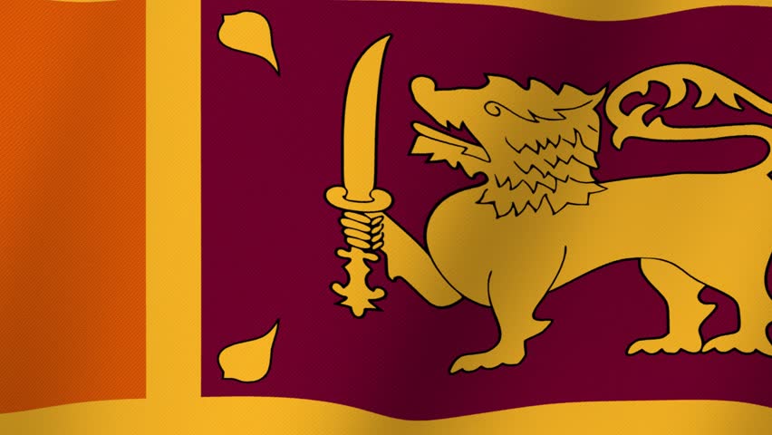 The national flag of Sri Lanka featuring a golden lion holding a sword against a maroon background with vertical stripes