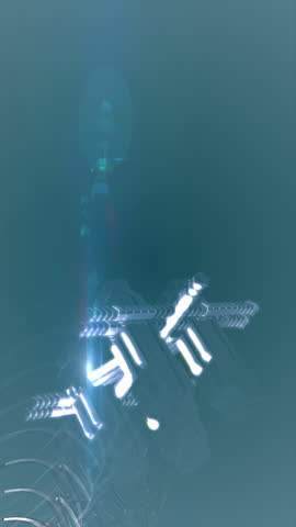 Abstract animation depicting a rotating high-tech mechanism with glowing lights on a blue background