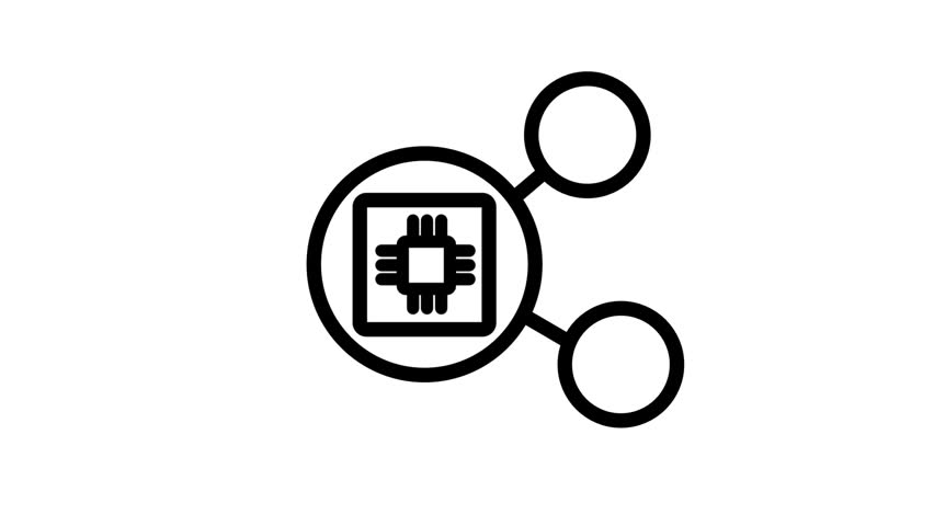 Microchip Network Node Motion icon. Animated line icon showing central processor chip connected to external nodes for hardware networking, data transmission, and computing.