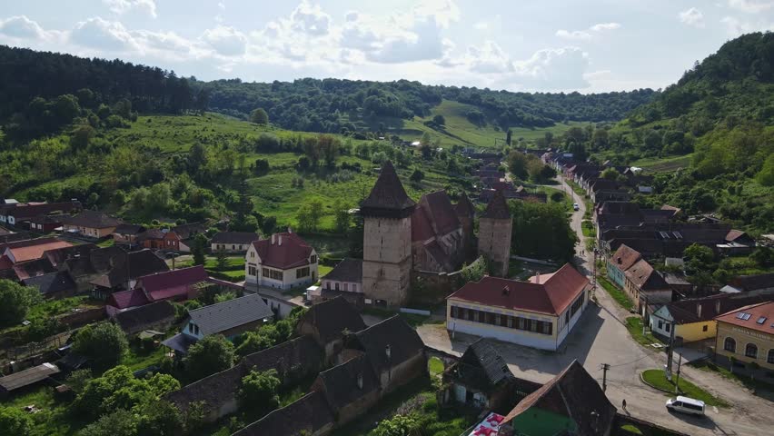 aerial view of medieval church of Valchid, Sibiu, Transylvania, Romania