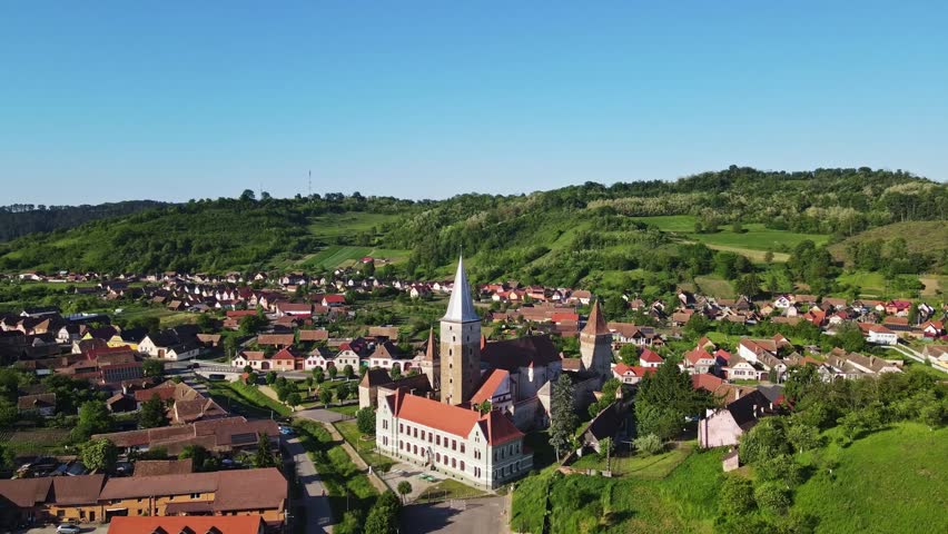 aerial view of medieval church of Valchid, Sibiu, Transylvania, Romania