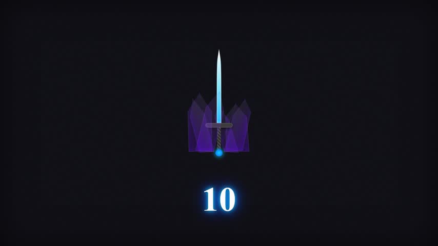 Mythical glowing sword embedded deep within an enchanted crystalline stone base counting down. Glowing runes along the broadsword illuminate and crack the surrounding crystal layers each second. At zero the blade is drawn free in a majestic burst of magical golden light.