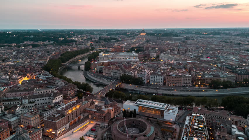 Aerial timelapse of the center of Rome at sunset