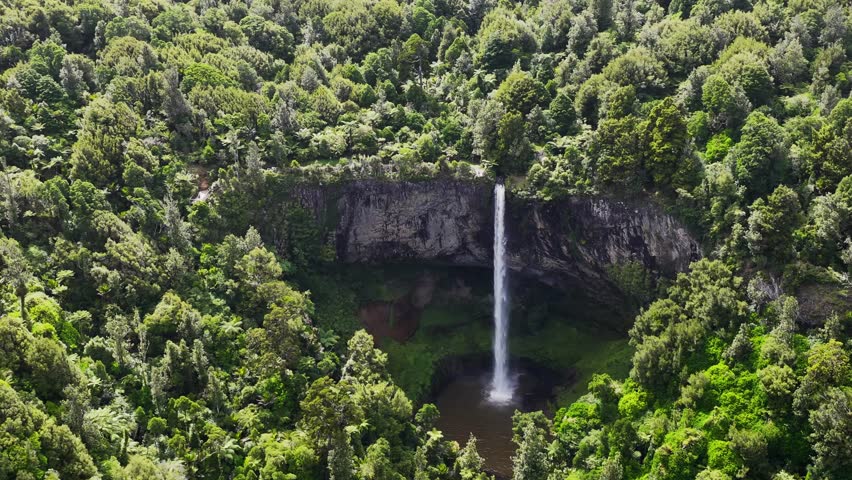 Bridal Veil Falls near Raglan, New Zealand, cascades through lush native forest, dramatic cliffs, waterfall and natural landscape from above.