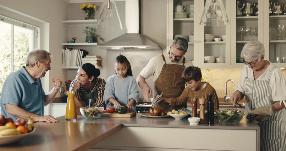 Cooking, smile and big family in kitchen at house for bonding, care and learning culinary skills. Happy, generations and children with grandparents and parents for preparing meal with connection.