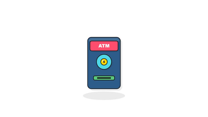 Animated flat vector illustration of an ATM machine dispensing gold coins and processing a credit card. Ideal for financial and banking motion graphics.