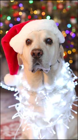 Close-up of a Labrador wearing a Santa hat and wrapped in glowing fairy lights, sitting calmly as colorful Christmas lights twinkle in soft bokeh behind him.